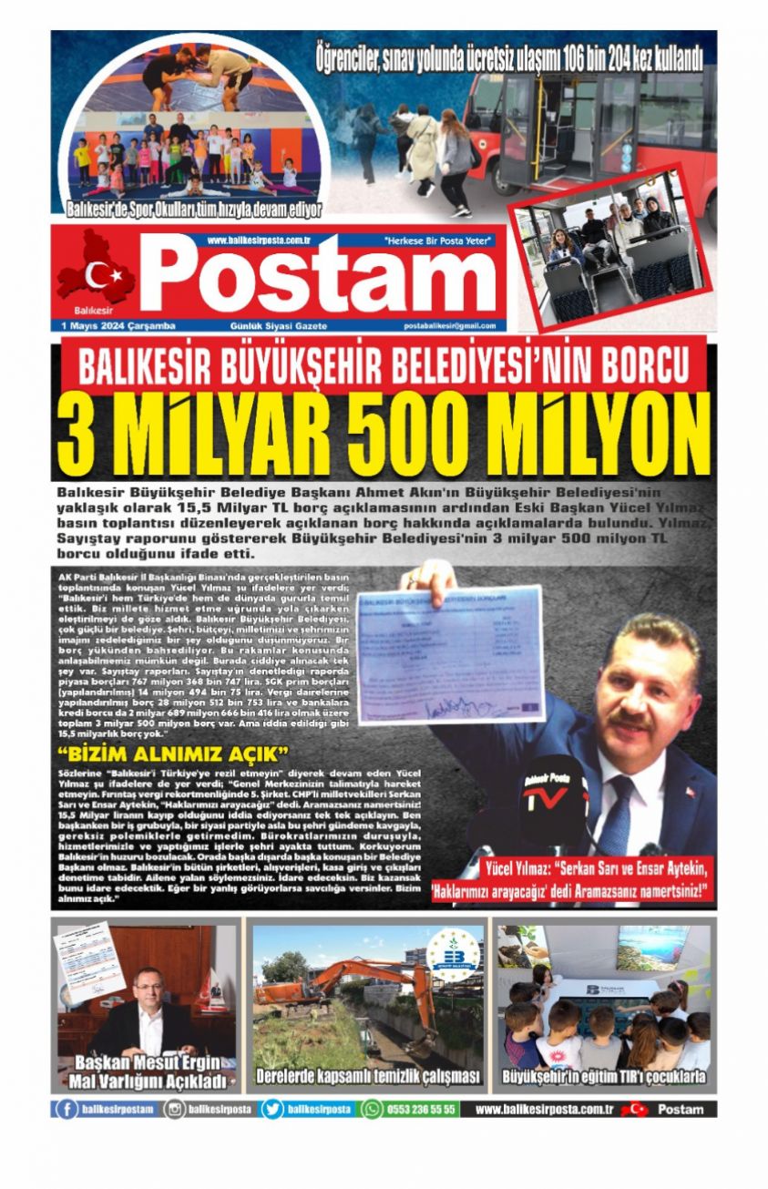 BALIKESİR BÜYÜKŞEHİR BELEDİYESİ'NİN BORCU 3 MİLYAR 500 MİLYON