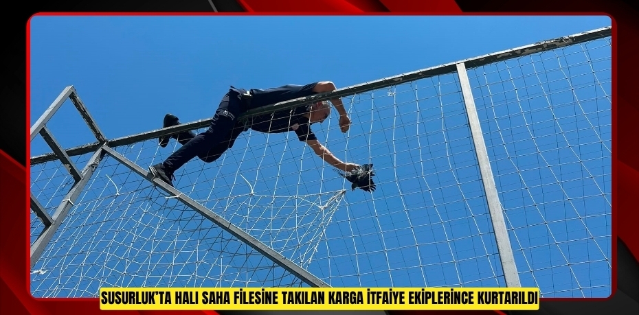 Susurluk’ta halı saha filesine takılan karga itfaiye ekiplerince kurtarıldı  