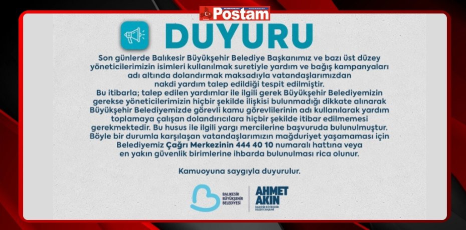 Büyükşehir’in adını kullanarak yardım talep edenlere dikkat!