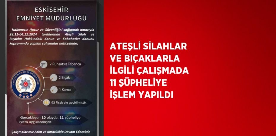 ATEŞLİ SİLAHLAR VE BIÇAKLARLA İLGİLİ ÇALIŞMADA 11 ŞÜPHELİYE İŞLEM YAPILDI
