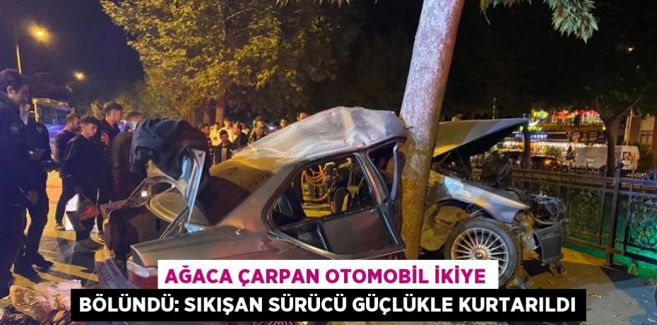 AĞACA ÇARPAN OTOMOBİL İKİYE BÖLÜNDÜ: SIKIŞAN SÜRÜCÜ GÜÇLÜKLE KURTARILDI