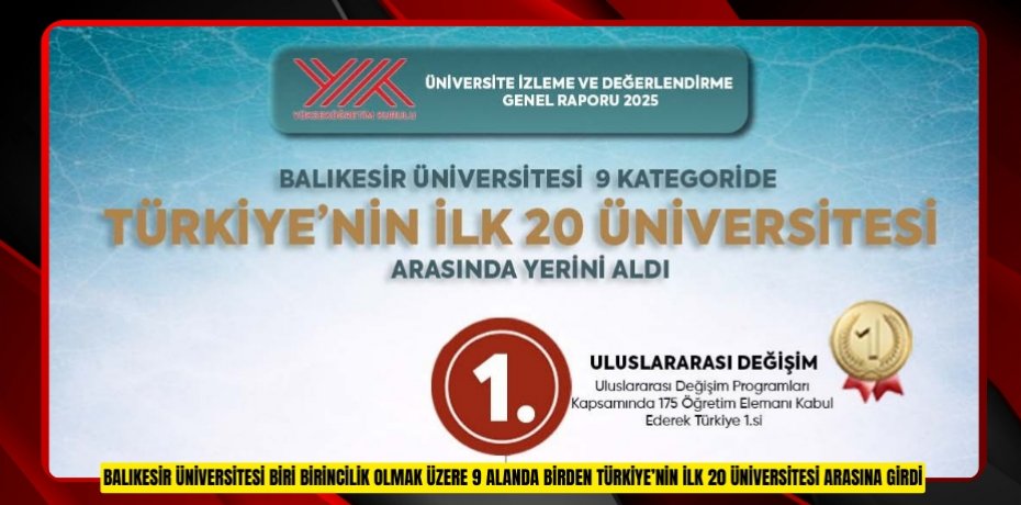 BALIKESİR ÜNİVERSİTESİ BİRİ BİRİNCİLİK OLMAK ÜZERE 9 ALANDA BİRDEN TÜRKİYE’NİN İLK 20 ÜNİVERSİTESİ ARASINA GİRDİ
