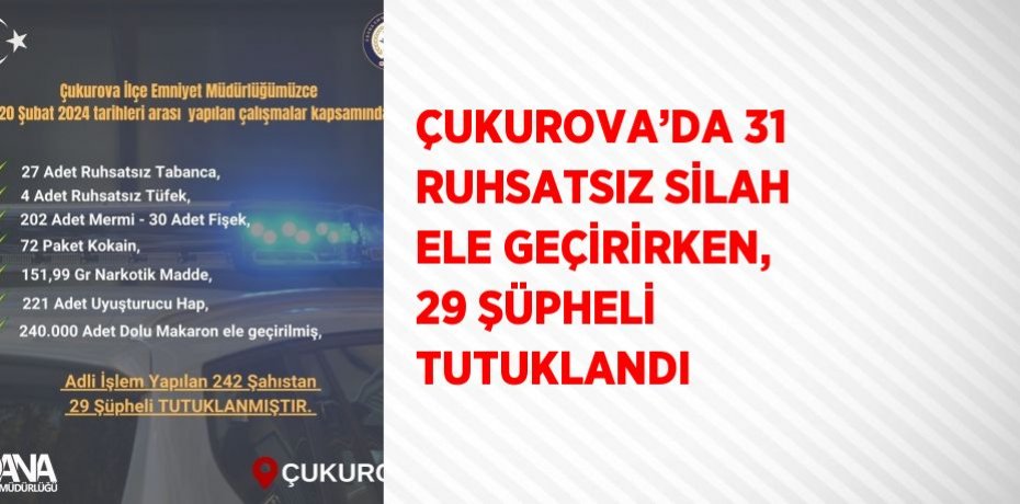 ÇUKUROVA’DA 31 RUHSATSIZ SİLAH ELE GEÇİRİRKEN, 29 ŞÜPHELİ TUTUKLANDI