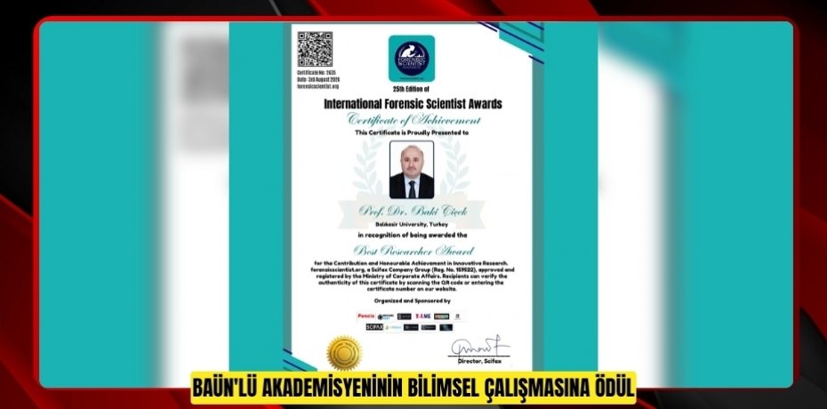 BAÜN'LÜ AKADEMİSYENİNİN BİLİMSEL ÇALIŞMASINA ÖDÜL