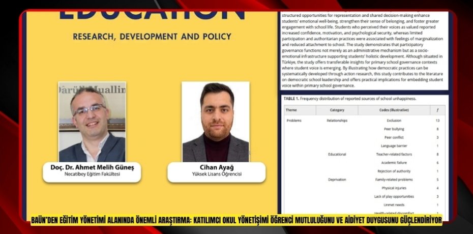 BAÜN’DEN EĞİTİM YÖNETİMİ ALANINDA ÖNEMLİ ARAŞTIRMA: KATILIMCI OKUL YÖNETİŞİMİ ÖĞRENCİ MUTLULUĞUNU VE AİDİYET DUYGUSUNU GÜÇLENDİRİYOR