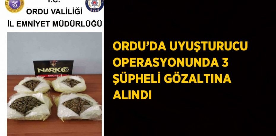 ORDU’DA UYUŞTURUCU OPERASYONUNDA 3 ŞÜPHELİ GÖZALTINA ALINDI
